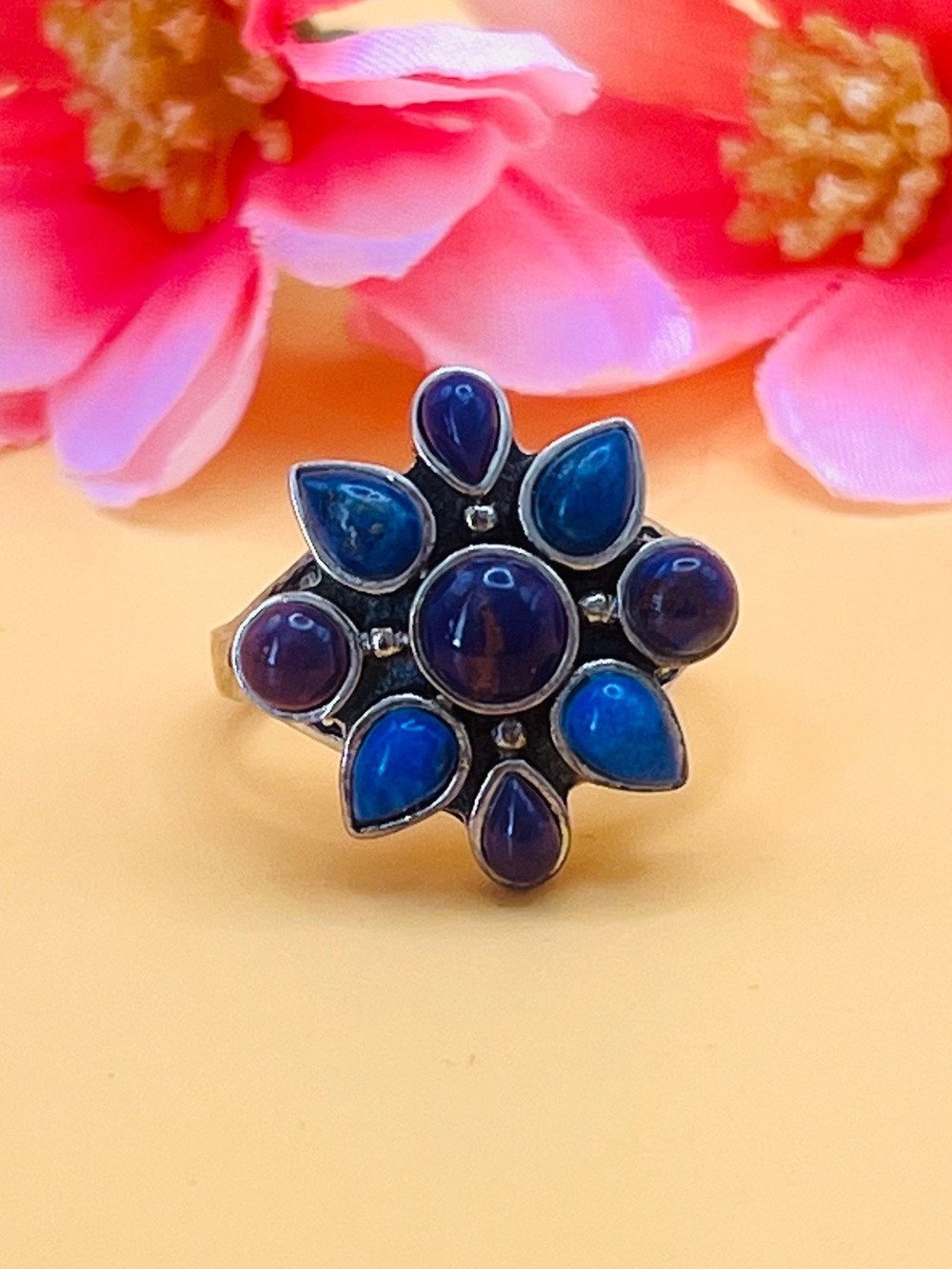Flower design Blue and Purple Gemstone Ring size 9.5 stamped .925